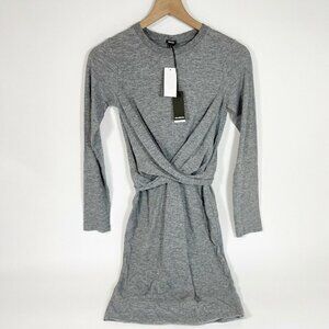 Monrow Twist Front Sheath T-Shirt Dress Womens S Gray Long Sleeve‎ Knit NEW